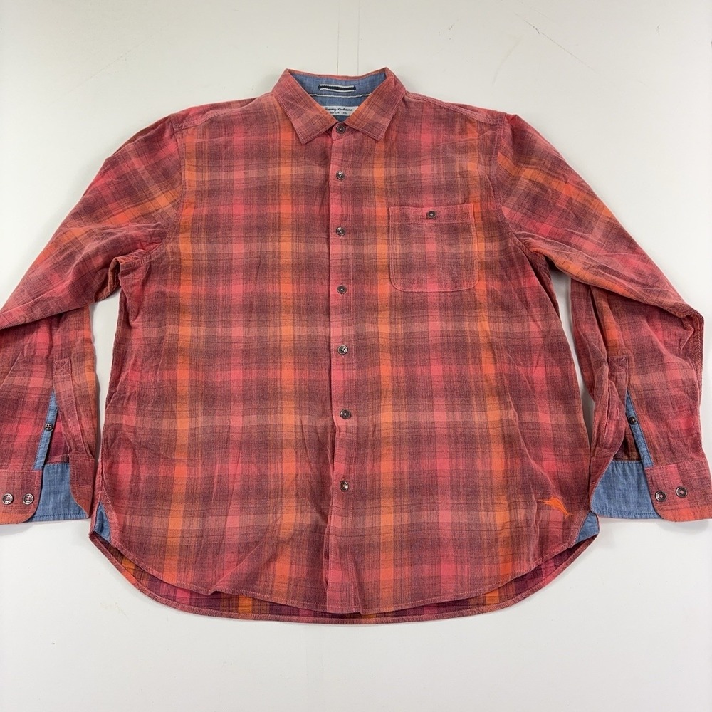 Tommy Bahama Coastline Cord Shirt Mens XL Red Plaid Long Sleeve Button Up